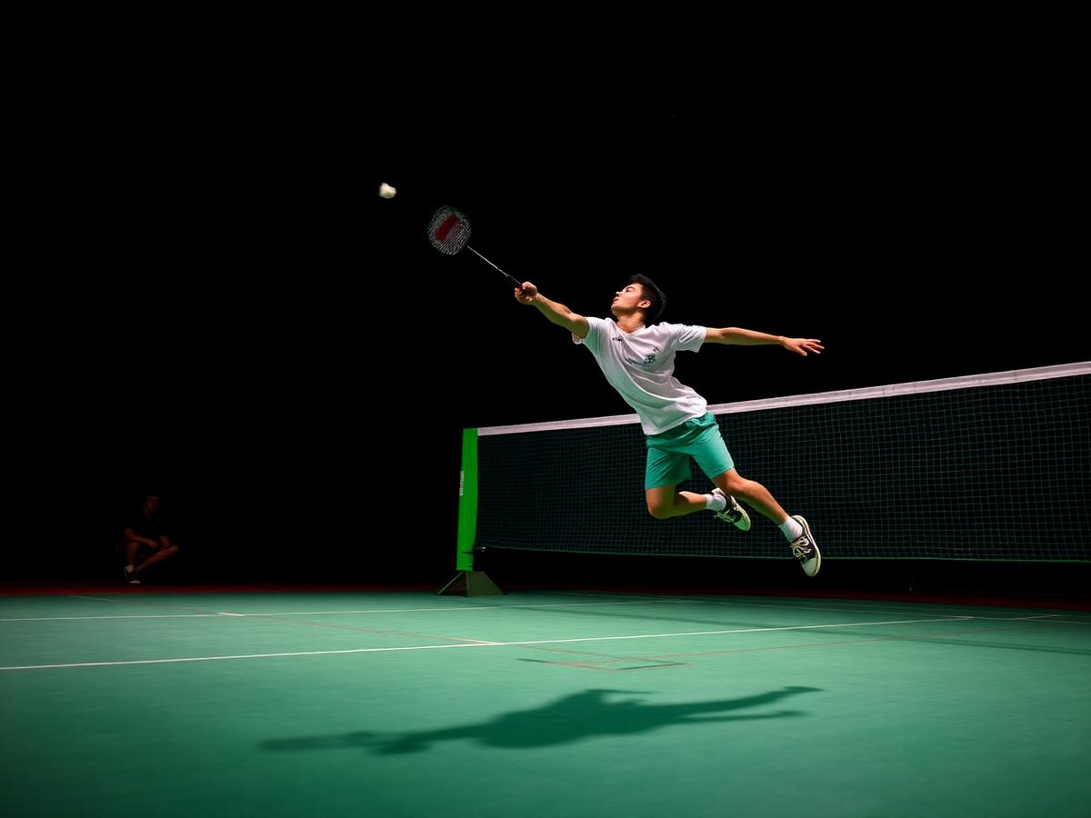 Badminton rally on a professional court